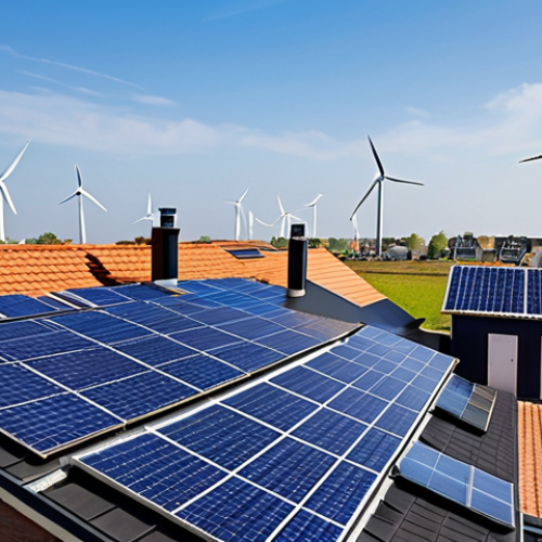 Home 15 **Image Prompt:** A modern Dutch rooftop covered in sleek, dark monokristallijn solar panels on a sunny day. A digital display shows real-time energy production with an app interface. In the background, typical Dutch houses and windmills are visible, representing a sustainable future. Focus on clean energy and technological advancement in a traditional Dutch setting.