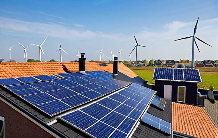 **Image Prompt:** A modern Dutch rooftop covered in sleek, dark monokristallijn solar panels on a sunny day. A digital display shows real-time energy production with an app interface. In the background, typical Dutch houses and windmills are visible, representing a sustainable future. Focus on clean energy and technological advancement in a traditional Dutch setting.