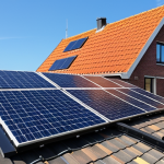 **

Prompt: Modern rooftop solar panel installation in the Netherlands, showcasing monocrystalline panels glistening in the sunlight, with a typical Dutch brick house in the background. Focus on the clean lines and high efficiency of the panels. Clear blue sky.

**