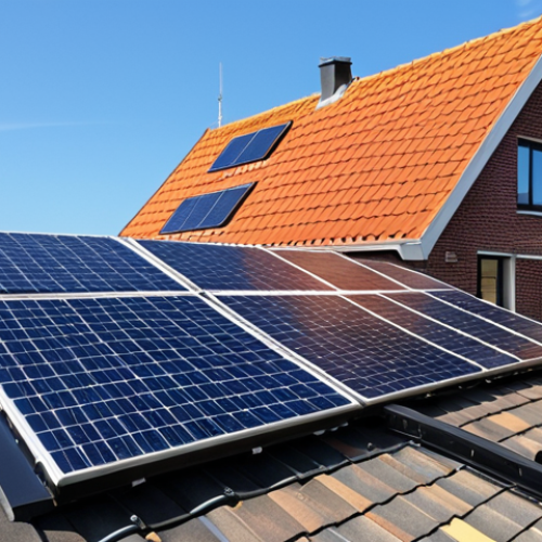 Home 14 **
Prompt: Modern rooftop solar panel installation in the Netherlands, showcasing monocrystalline panels glistening in the sunlight, with a typical Dutch brick house in the background. Focus on the clean lines and high efficiency of the panels. Clear blue sky.
**