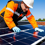 A professional solar panel technician, fully clothed in modest work attire and safety gear, meticulously inspecting sleek black solar panels on the rooftop of a modern Dutch detached house. The technician exhibits perfect anatomy with correct proportions, well-formed hands, and a natural pose. The scene is set on a bright, clear day with a sunny blue sky, emphasizing the professional installation and high-quality equipment. Professional photography, high quality, safe for work, appropriate content, fully clothed, professional.