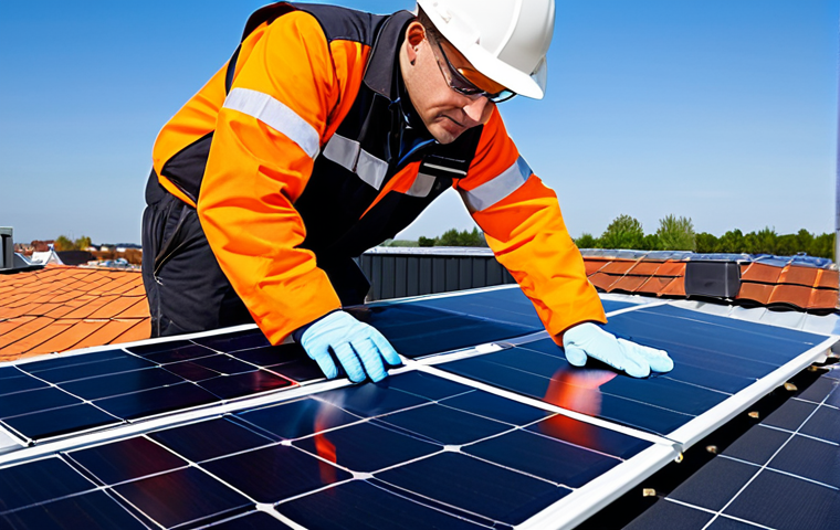 A professional solar panel technician, fully clothed in modest work attire and safety gear, meticulously inspecting sleek black solar panels on the rooftop of a modern Dutch detached house. The technician exhibits perfect anatomy with correct proportions, well-formed hands, and a natural pose. The scene is set on a bright, clear day with a sunny blue sky, emphasizing the professional installation and high-quality equipment. Professional photography, high quality, safe for work, appropriate content, fully clothed, professional.